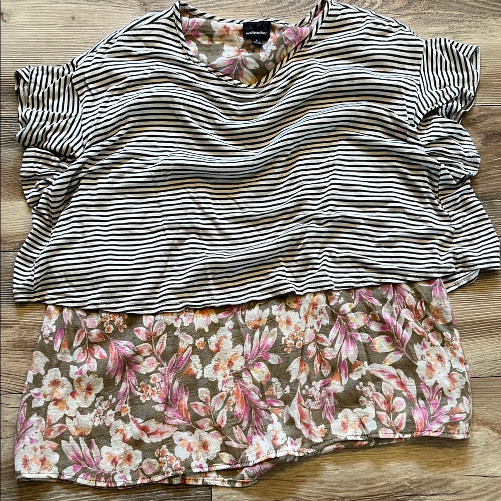 Apt. 9 Black and White Striped Floral Blouse